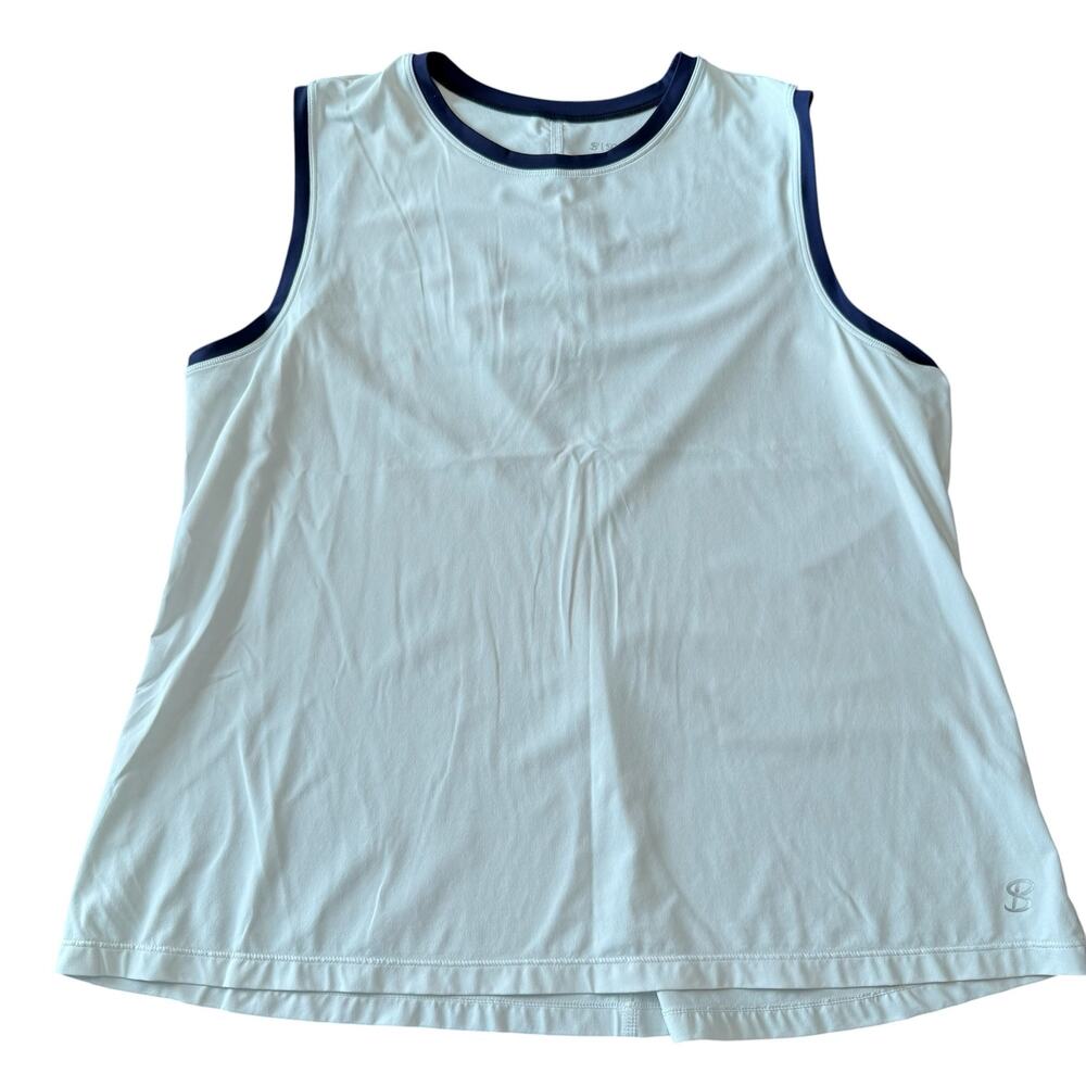 B Sofibella Women’s white tank with navy trim, moisture wicking, Size XL